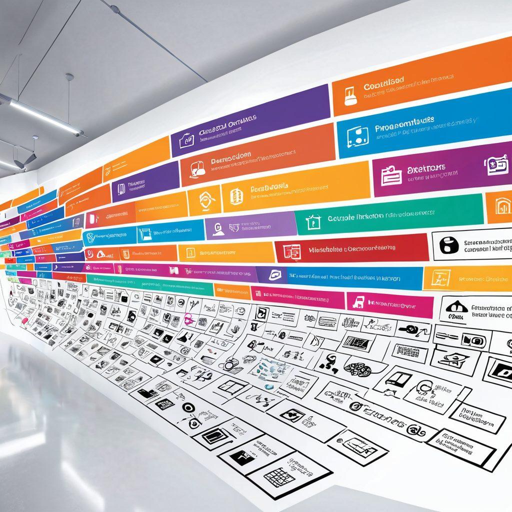 A visually dynamic pathway winding through various phases of video content creation, showing brainstorming sessions, filming, editing, and finally distribution. Each phase is represented with engaging visuals, like storyboards, cameras, and social media icons. The background is bright and modern, symbolizing trends and innovation in video content. Use vibrant colors and a clean layout to convey a sense of excitement and creativity. super-realistic. vibrant colors. white background.