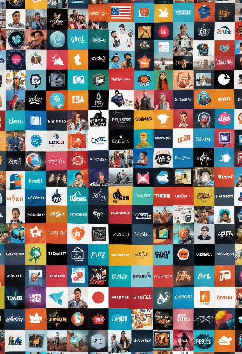 A dynamic collage showcasing various user-generated short clips, featuring diverse people interacting with digital media on their devices. Incorporate elements of vibrant screens displaying snippets of videos, comments, and shares. Capture a sense of energy and creativity, with playful graphics like stars and film reels floating around. Set it against a colorful, abstract background that reflects the digital landscape. super-realistic. vibrant colors. 3D.