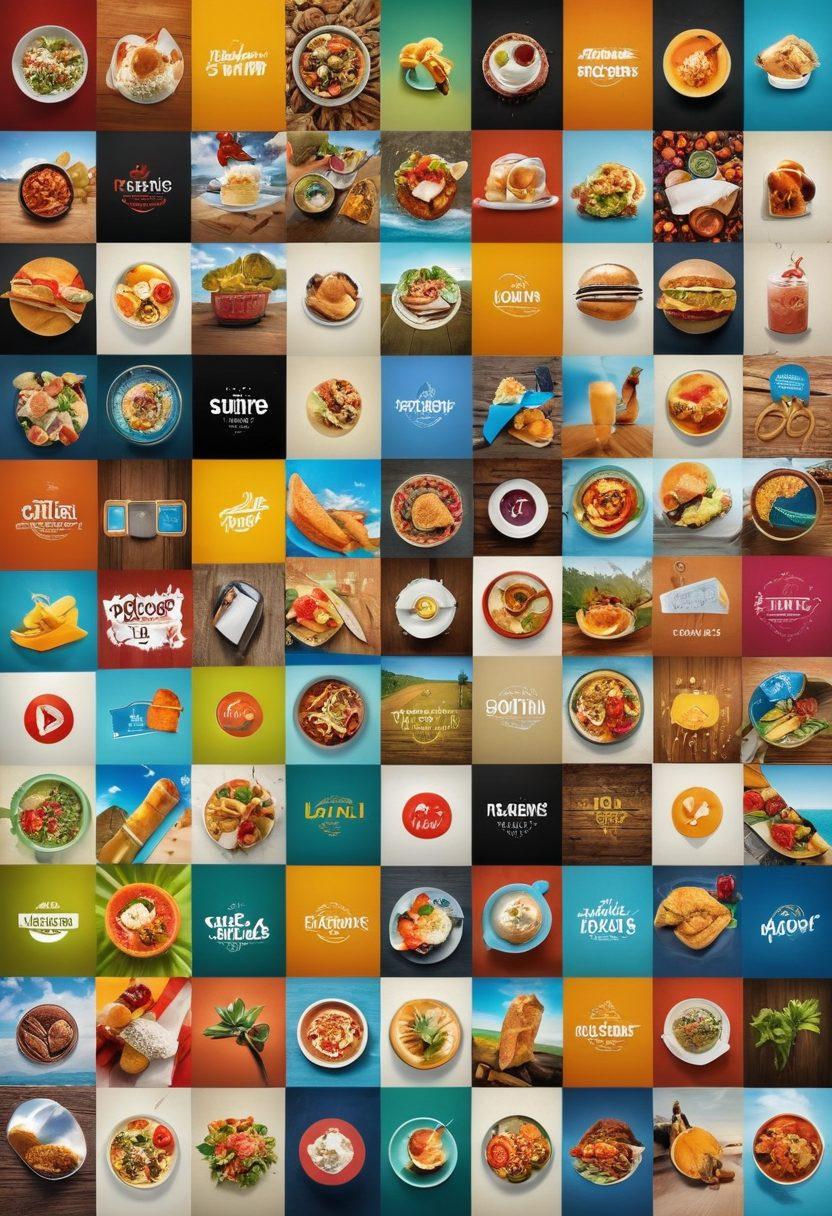 A dynamic collage of various short video clips showcasing different themes like travel, food, and comedy. Include vibrant play buttons and a social media feed with trending hashtags. The background should pulsate with an energetic vibe, reflecting the viral nature of online content. Add graphical elements like thumbs-up icons and share arrows, symbolizing engagement and sharing. super-realistic. vibrant colors. digital collage.